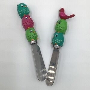 Set of 2 Cute Owl Cheese Spreaders Butter Knives Stainless Handles Colorful Bird